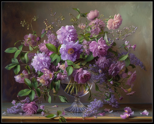 Purple Flowers in a Glass Vase - Counted Cross Stitch Patterns Embroidery Crafts Needlework DIY Chart DMC Color