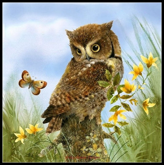 Owl in the Meadow - Counted Cross Stitch Patterns Embroidery Crafts Needlework DIY Chart DMC Color
