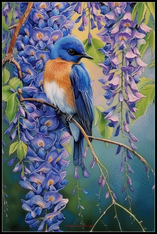 Bluebird in Wisteria 2 - Counted Cross Stitch Patterns Embroidery Crafts Needlework DIY Chart DMC Color