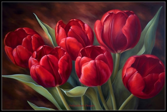 Red Tulips 5 - Counted Cross Stitch Patterns Embroidery Crafts Needlework DIY Chart DMC Color