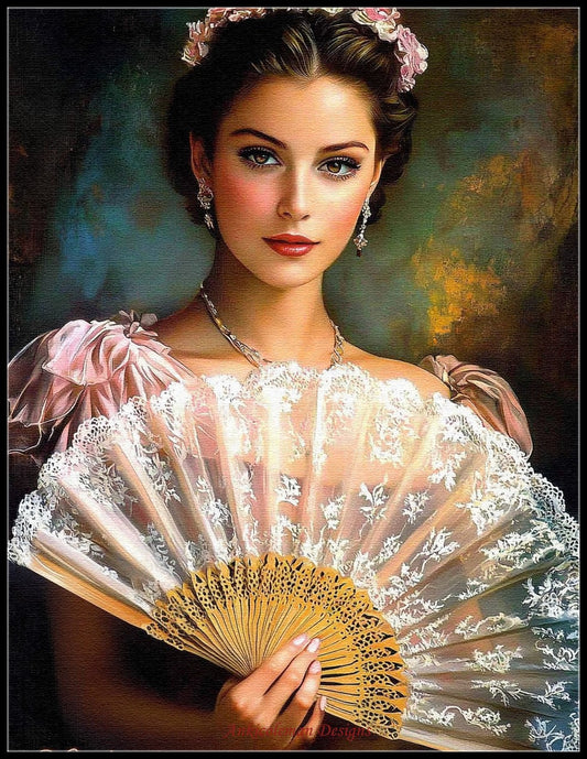 A Lady with a Big Fan 2 - Counted Cross Stitch Patterns Embroidery Crafts Needlework DIY Chart DMC Color