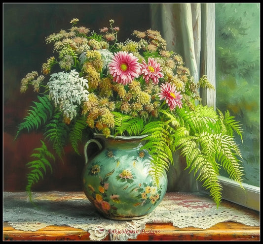 Noble Vase and Fern 2 - Counted Cross Stitch Patterns Embroidery Crafts Needlework DIY Chart DMC Color
