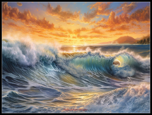 Sunset Crashing Wave - Counted Cross Stitch Patterns Embroidery Crafts Needlework DIY Chart DMC Color