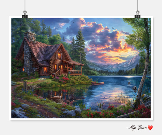 Log Cabin near Lake - Counted Cross Stitch Patterns Embroidery Crafts Needlework DIY Chart DMC Color