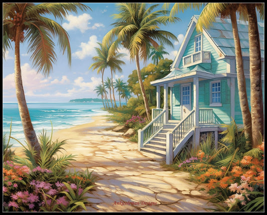 Palm Trees Cottage - Counted Cross Stitch Patterns Embroidery Crafts Needlework DIY Chart DMC Color