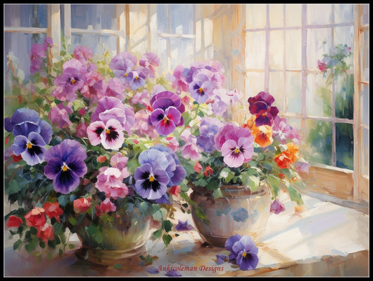 Pansies in Pots - Counted Cross Stitch Patterns Embroidery Crafts Needlework DIY Chart DMC Color