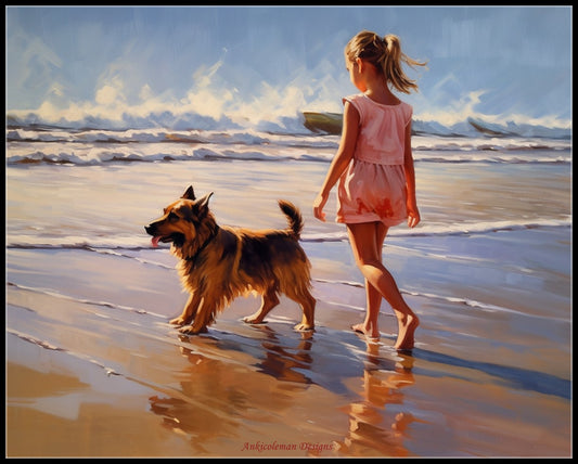 Girl and Dog on Beach - Counted Cross Stitch Patterns Embroidery Crafts Needlework DIY Chart DMC Color