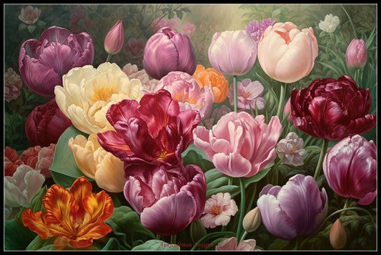 Purple Tulips - Counted Cross Stitch Patterns Embroidery Crafts Needlework DIY Chart DMC Color