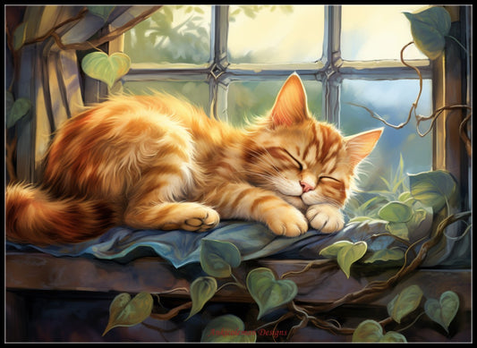 Window-Sill Sleeper - Counted Cross Stitch Patterns Embroidery Crafts Needlework DIY Chart DMC Color