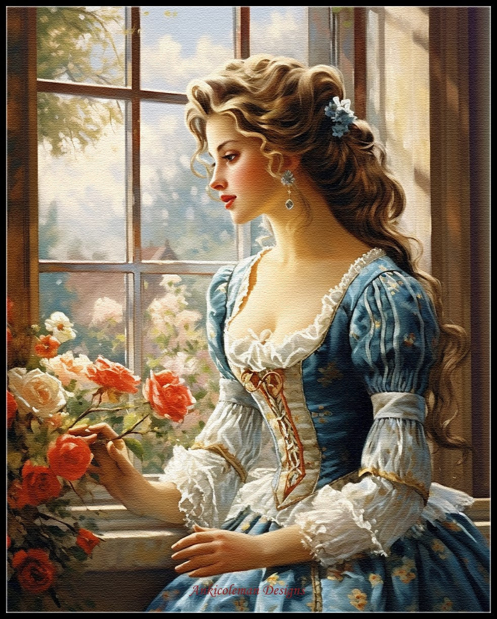 Lady by the window - Counted Cross Stitch Patterns Embroidery Crafts Needlework DIY Chart DMC Color