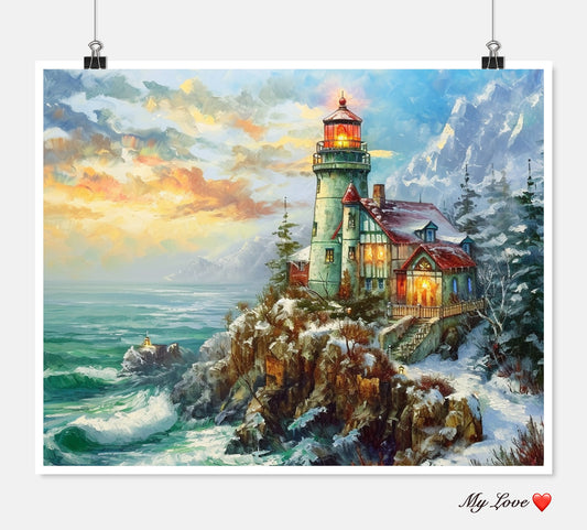 Christmas on a Lighthouse - Counted Cross Stitch Patterns Embroidery Crafts Needlework DIY Chart DMC Color