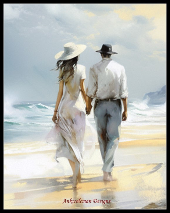 Romantic Walk at Beach - Counted Cross Stitch Patterns Embroidery Crafts Needlework DIY Chart DMC Color