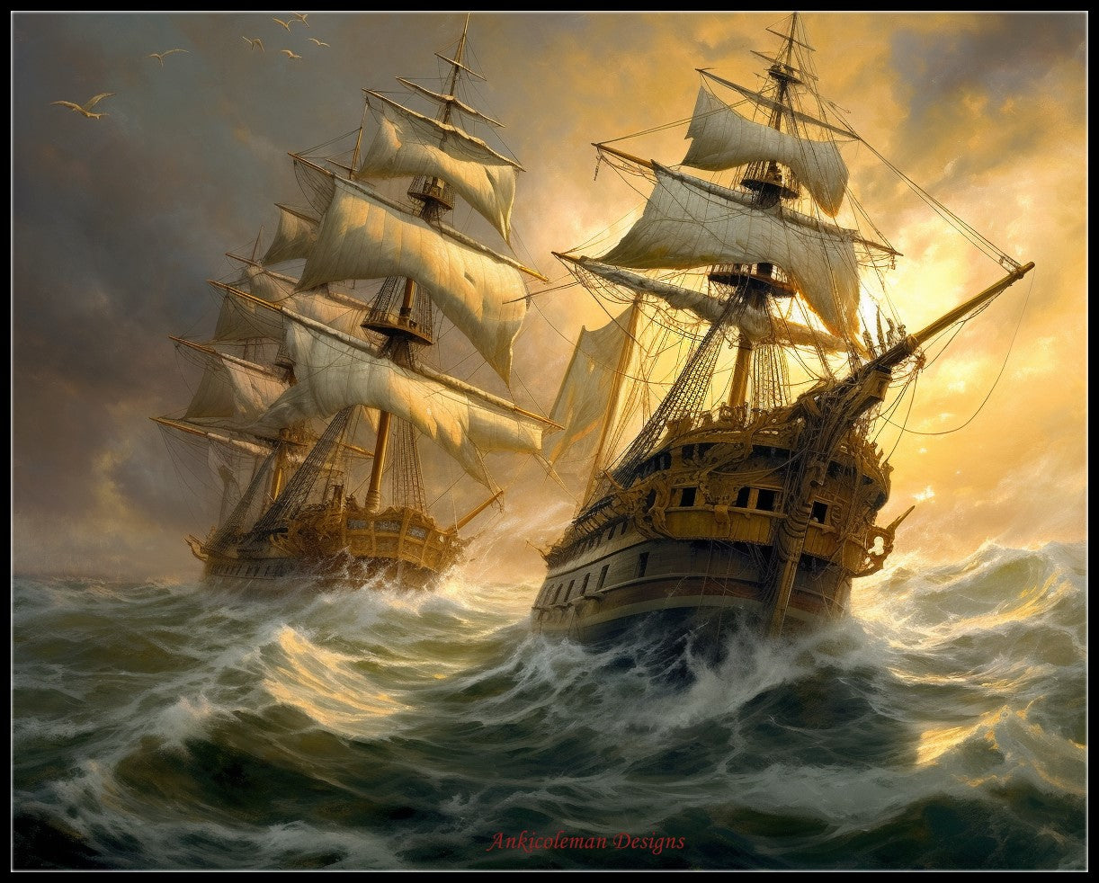 Two Ships in Rough Seas 1 - Counted Cross Stitch Patterns Embroidery Crafts Needlework DIY Chart DMC Color