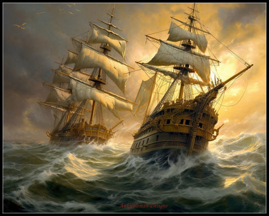 Two Ships in Rough Seas 1 - Counted Cross Stitch Patterns Embroidery Crafts Needlework DIY Chart DMC Color