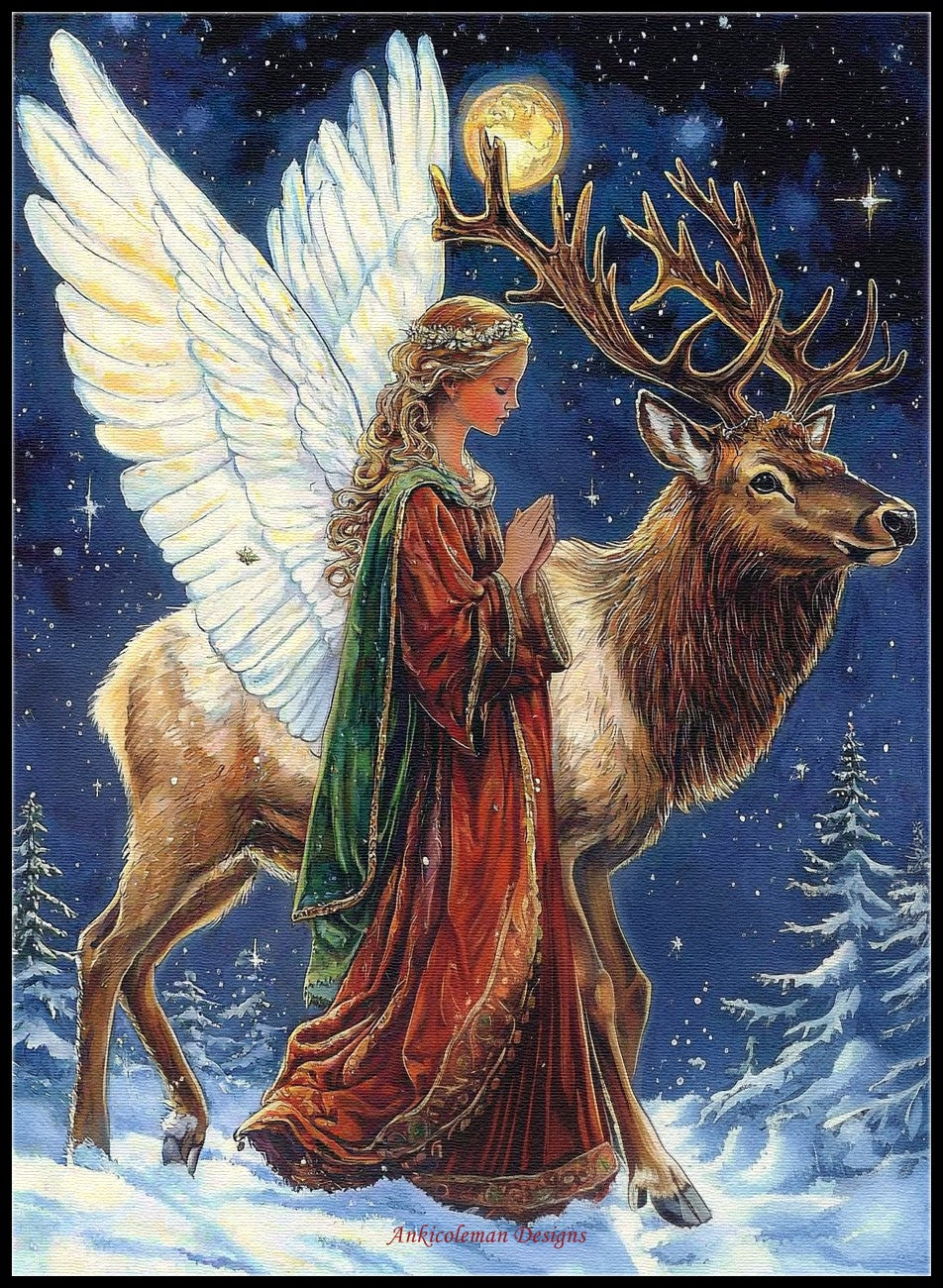 Guardian Angel with an Elk - Counted Cross Stitch Patterns Embroidery Crafts Needlework DIY Chart DMC Color
