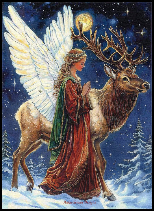 Guardian Angel with an Elk - Counted Cross Stitch Patterns Embroidery Crafts Needlework DIY Chart DMC Color