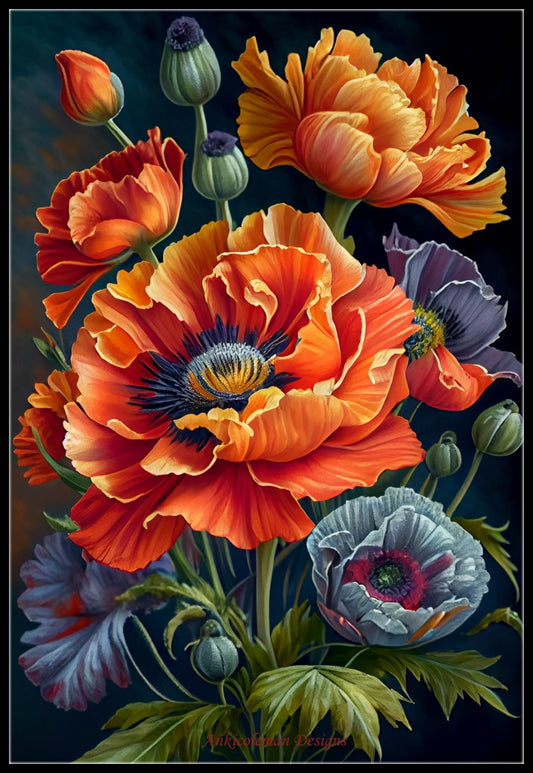 Poppy Floral 3 - Counted Cross Stitch Patterns Embroidery Crafts Needlework DIY Chart DMC Color