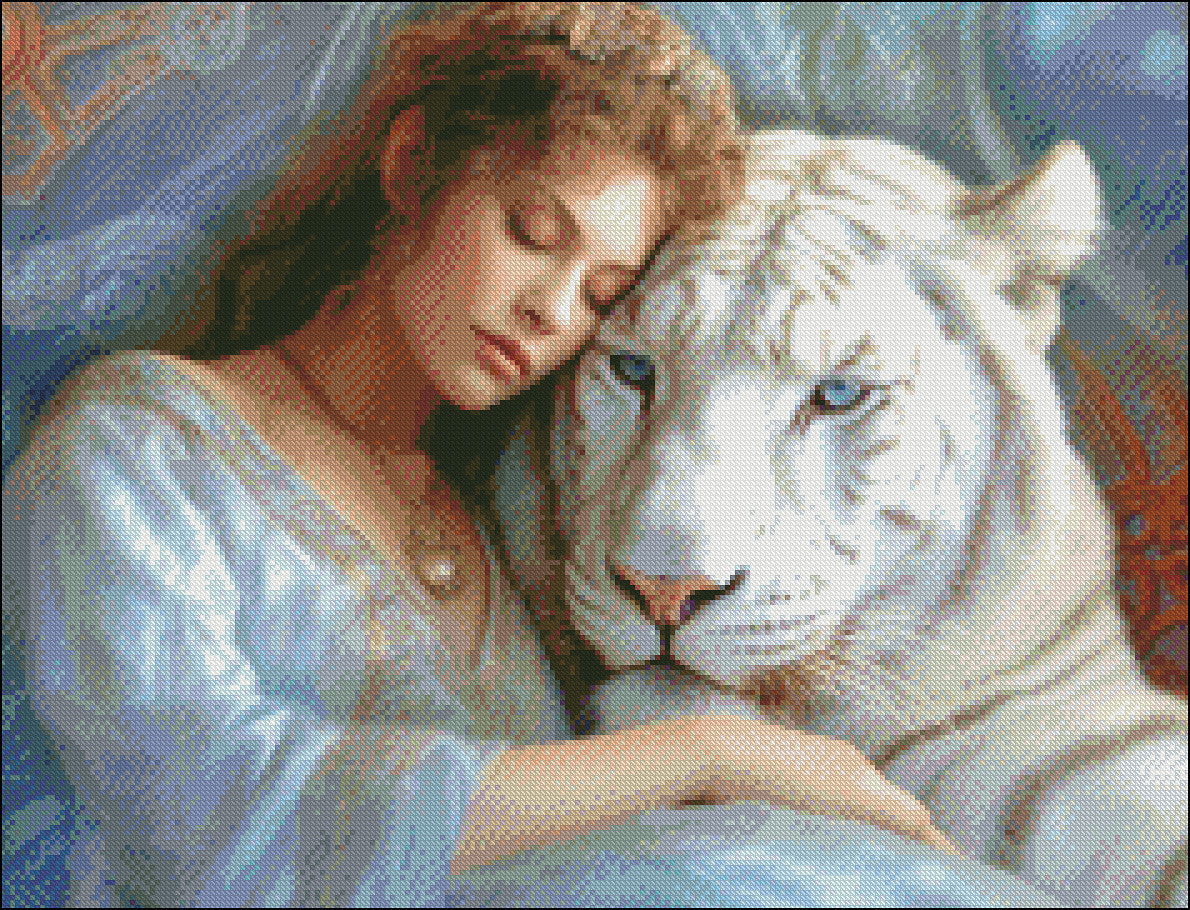 Tiger and Beauty - Counted Cross Stitch Patterns Embroidery Crafts Needlework DIY Chart DMC Color