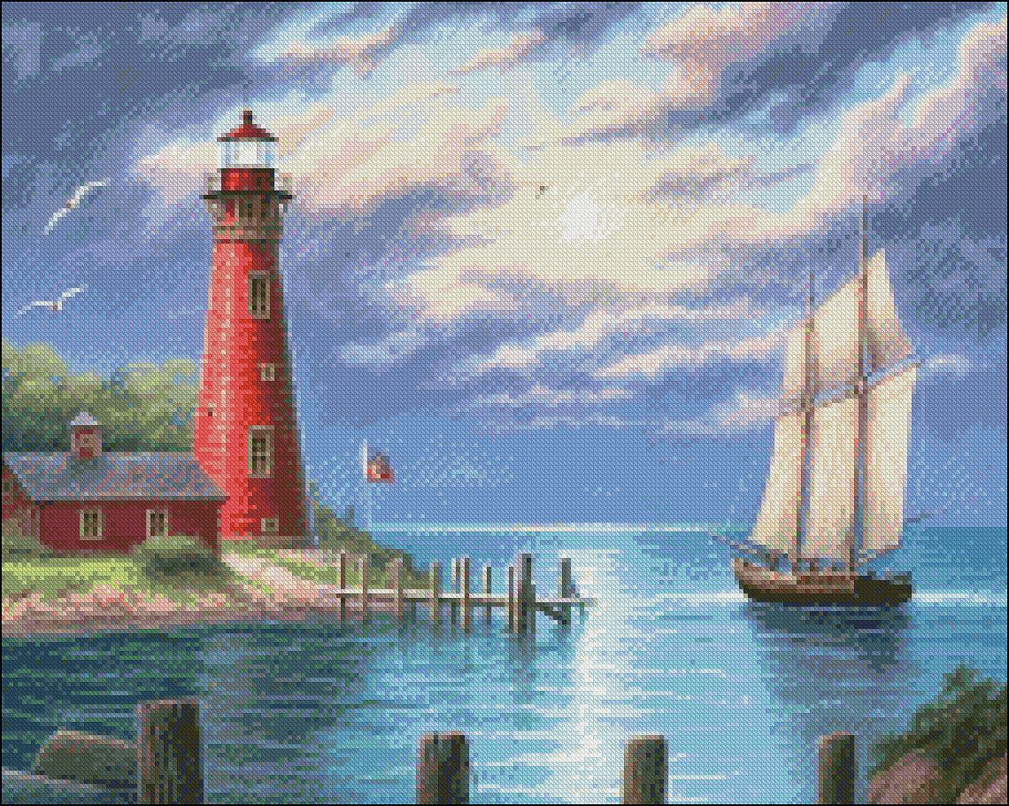 Sailboat Beacon - Counted Cross Stitch Patterns Embroidery Crafts Needlework DIY Chart DMC Color
