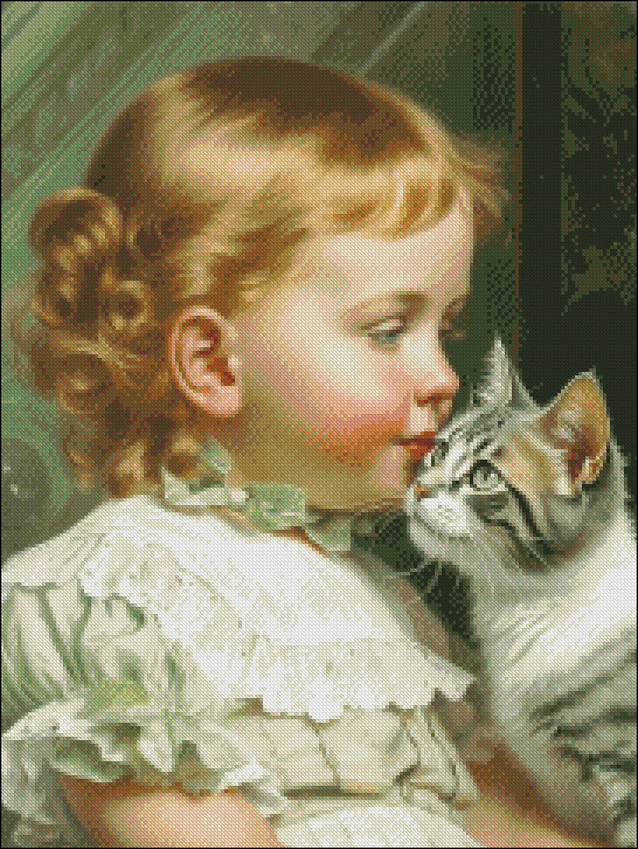 Little Girl and a Kitten - Counted Cross Stitch Patterns Embroidery Crafts Needlework DIY Chart DMC Color