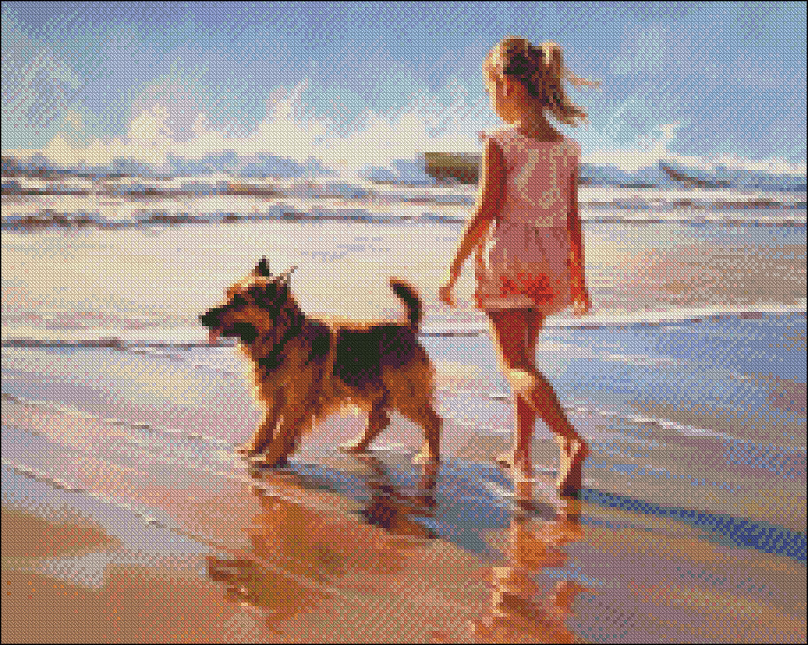 Girl and Dog on Beach - Counted Cross Stitch Patterns Embroidery Crafts Needlework DIY Chart DMC Color