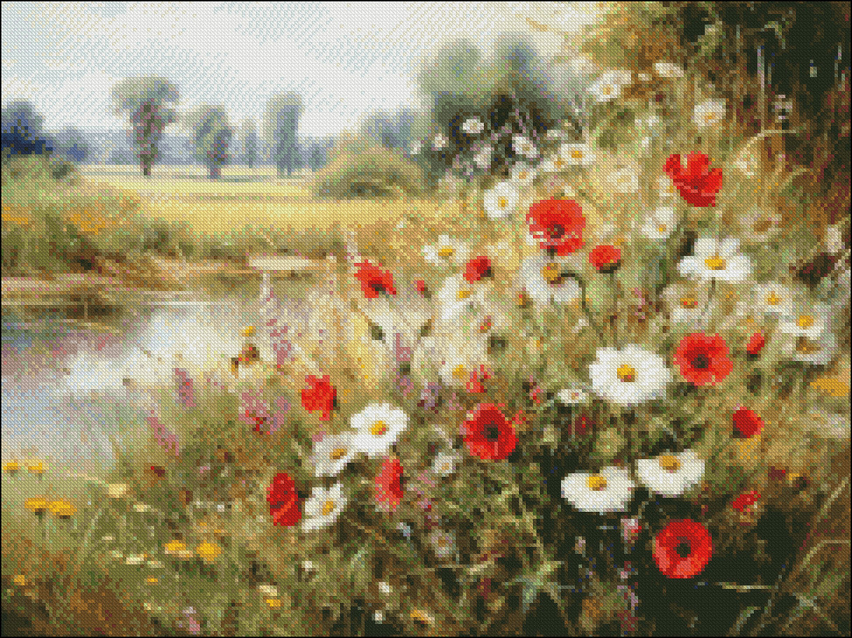 Poppies, Daisies and Thistles on a River Bank - Counted Cross Stitch Patterns Embroidery Crafts Needlework DIY Chart DMC Color