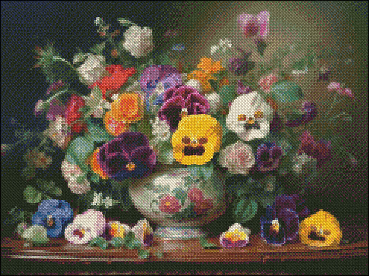 Pansies in Vase - Counted Cross Stitch Patterns Embroidery Crafts Needlework DIY Chart DMC Color