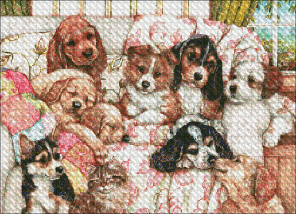 Puppies - Counted Cross Stitch Patterns Embroidery Crafts Needlework DIY Chart DMC Color
