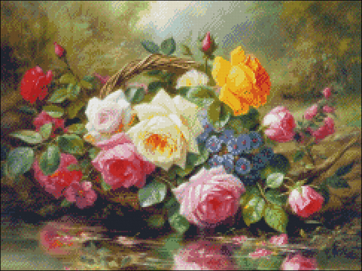 Roses by a Pond - Counted Cross Stitch Patterns Embroidery Crafts Needlework DIY Chart DMC Color