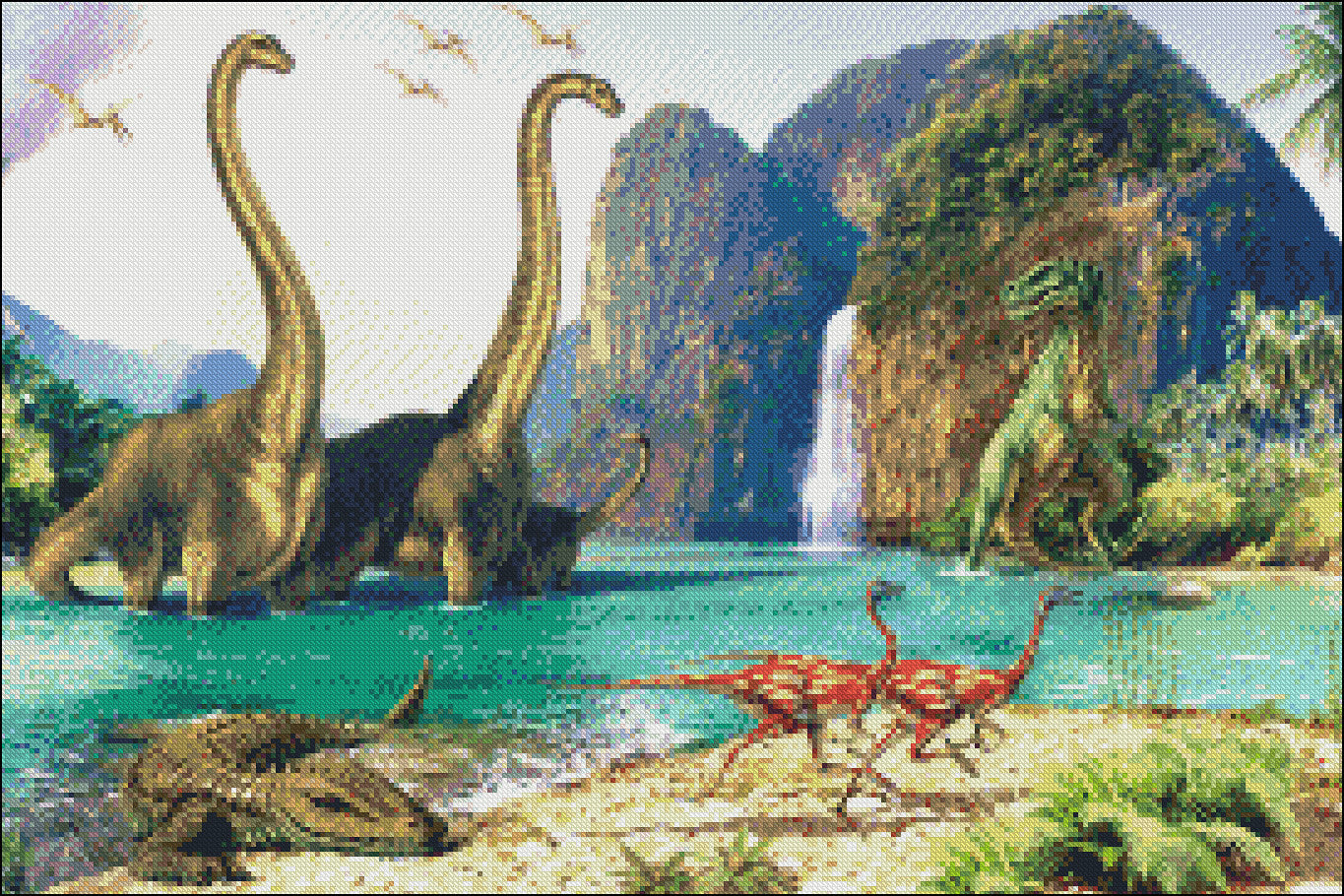 Dinosaur Volcanos - Counted Cross Stitch Patterns Embroidery Crafts Needlework DIY Chart DMC Color