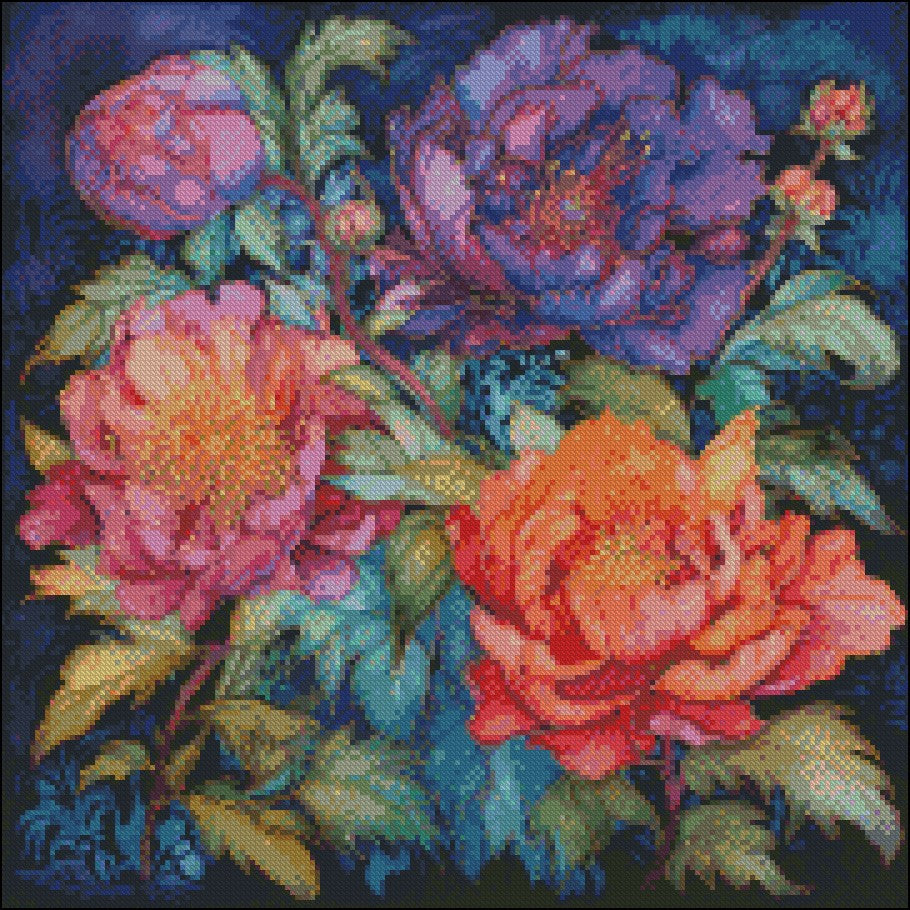 Peony Garden - Counted Cross Stitch Patterns Embroidery Crafts Needlework DIY Chart DMC Color