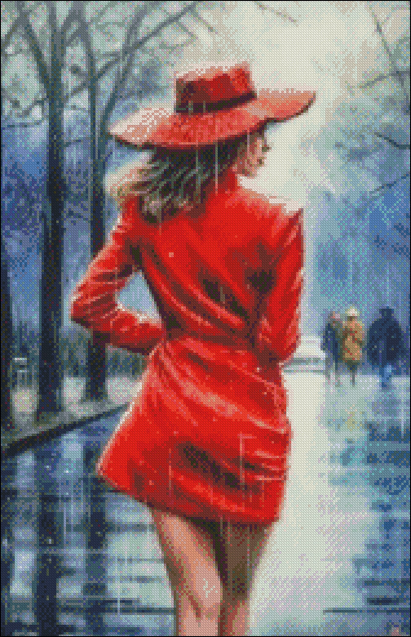 Red Lady in a Rainy Day - Counted Cross Stitch Patterns Embroidery Crafts Needlework DIY Chart DMC Color