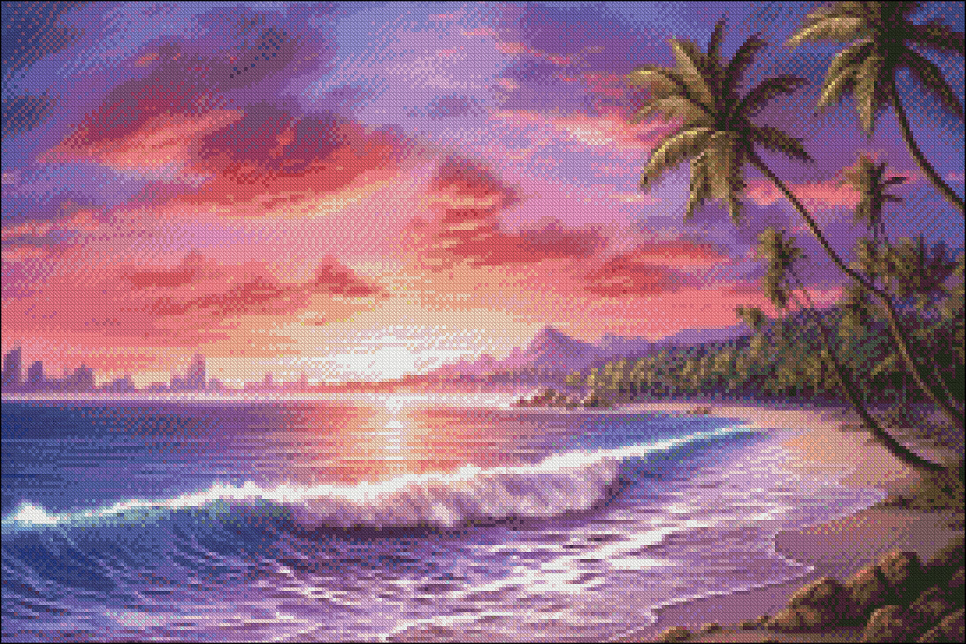 Purple Red Sunset and Beautiful Ocean Sunset Beach 2 - Counted Cross Stitch Patterns Embroidery Crafts Needlework DIY Chart DMC Color