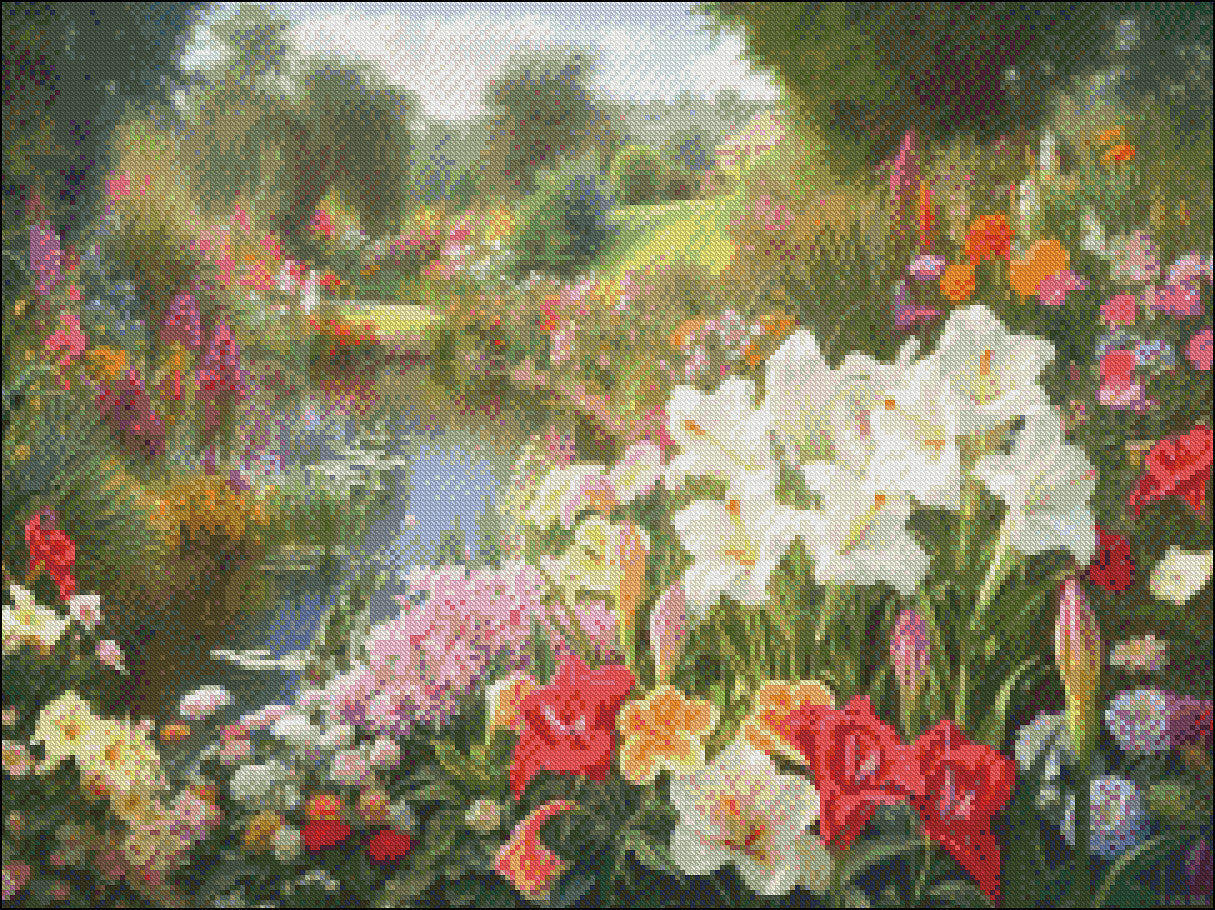 Oriental Lilies by a Pond - Counted Cross Stitch Patterns Embroidery Crafts Needlework DIY Chart DMC Color