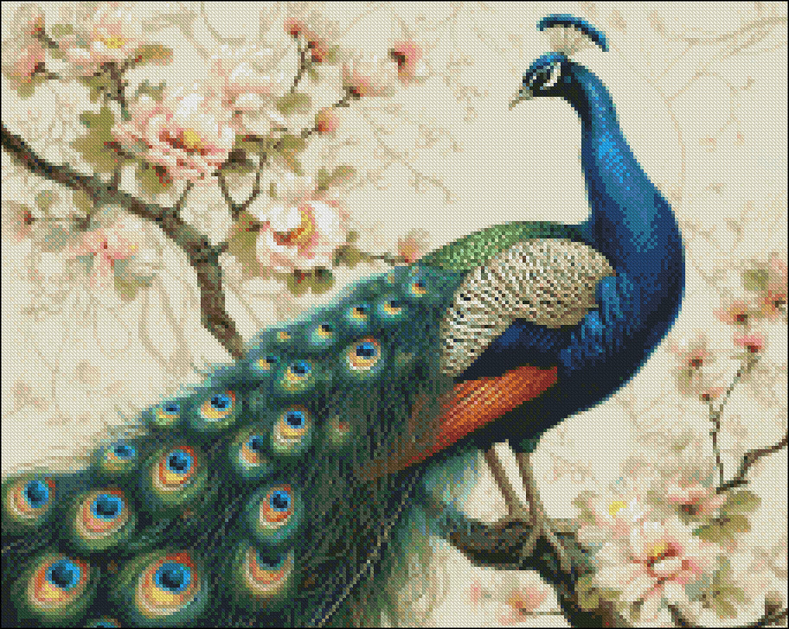 Peacock and Blossoms 1 - Counted Cross Stitch Patterns Embroidery Crafts Needlework DIY Chart DMC Color