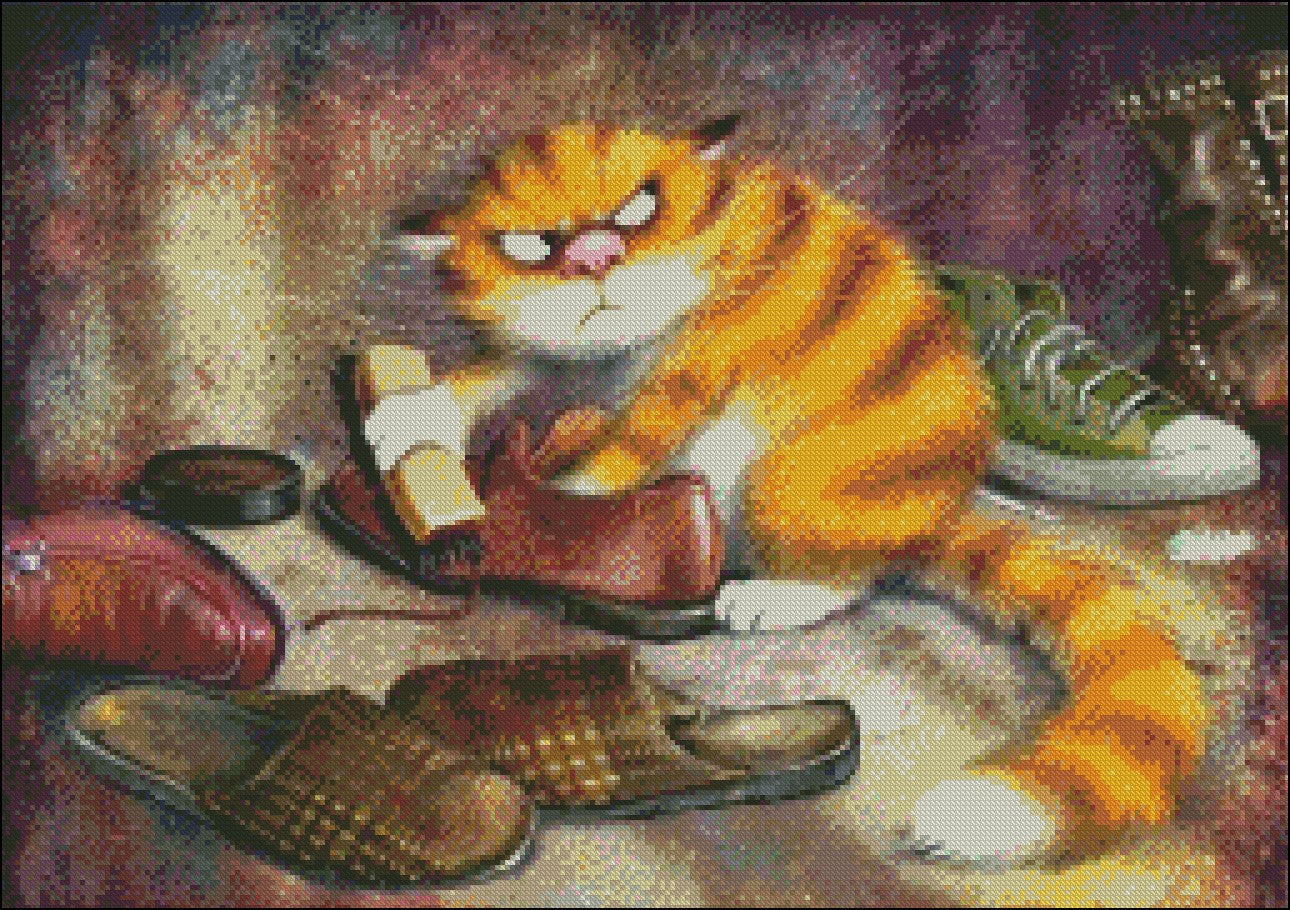 Shoe-shining Cat - Counted Cross Stitch Patterns Embroidery Crafts Needlework DIY Chart DMC Color