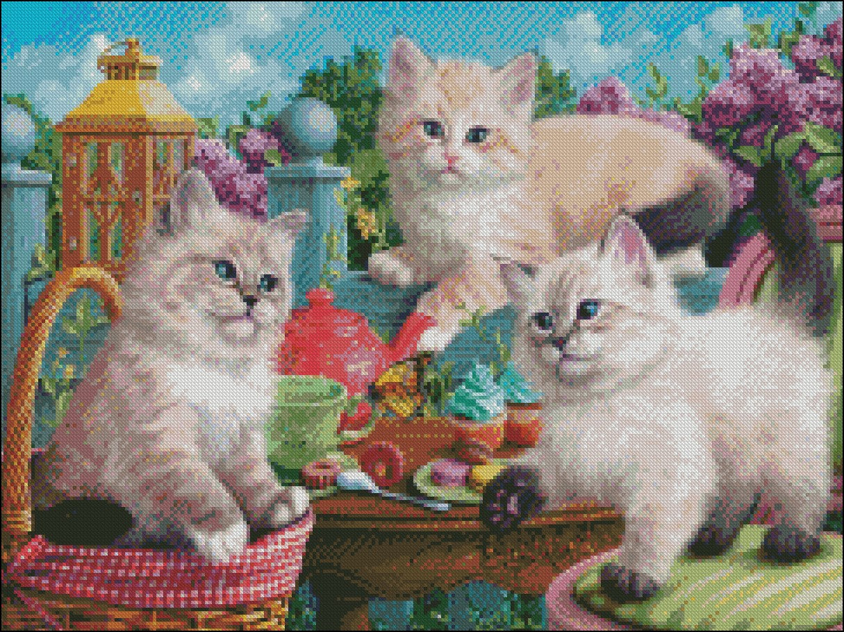 Kitten Tea Party - Counted Cross Stitch Patterns Embroidery Crafts Needlework DIY Chart DMC Color