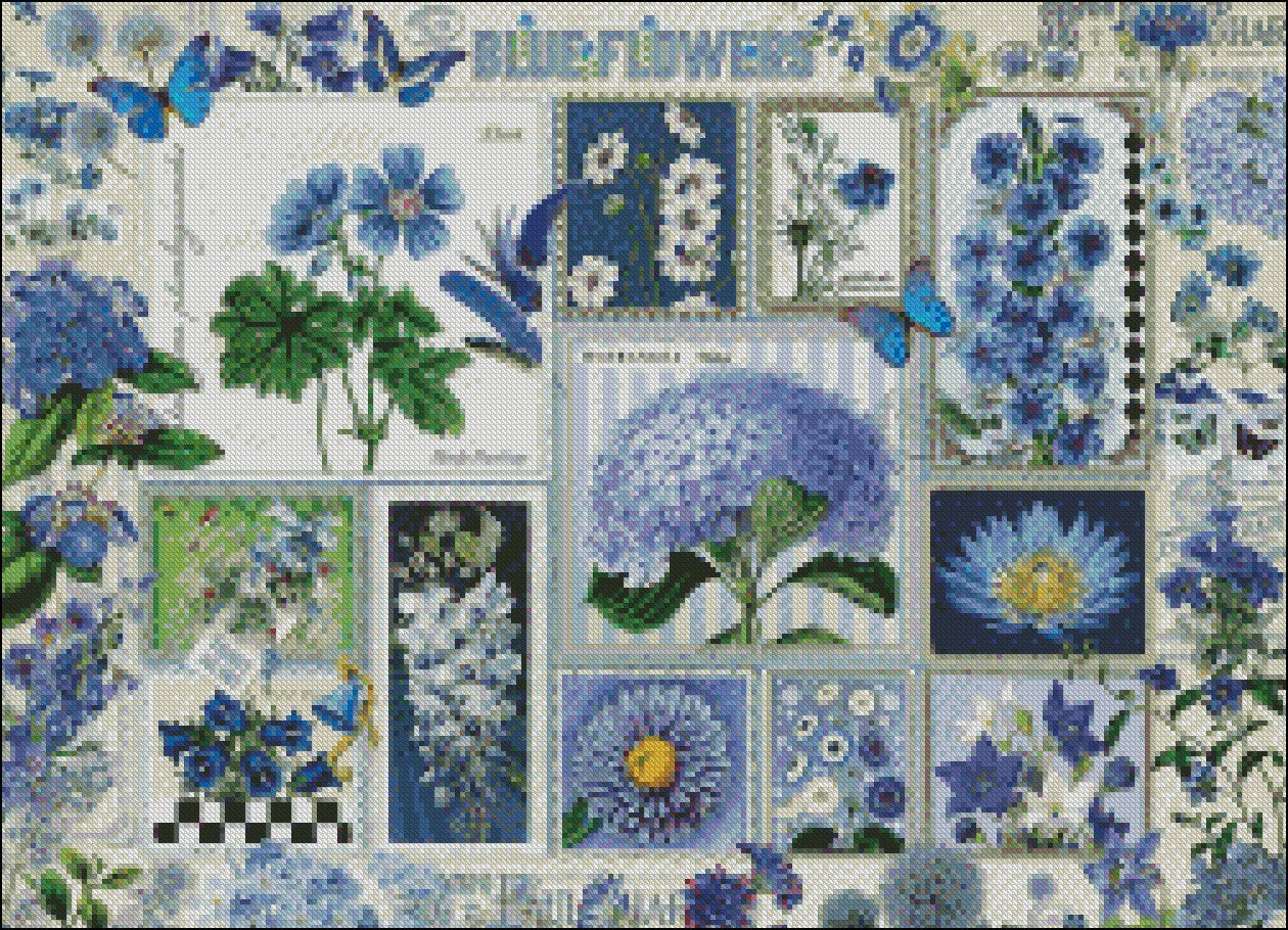 Blue Flowers - Counted Cross Stitch Patterns Embroidery Crafts Needlework DIY Chart DMC Color