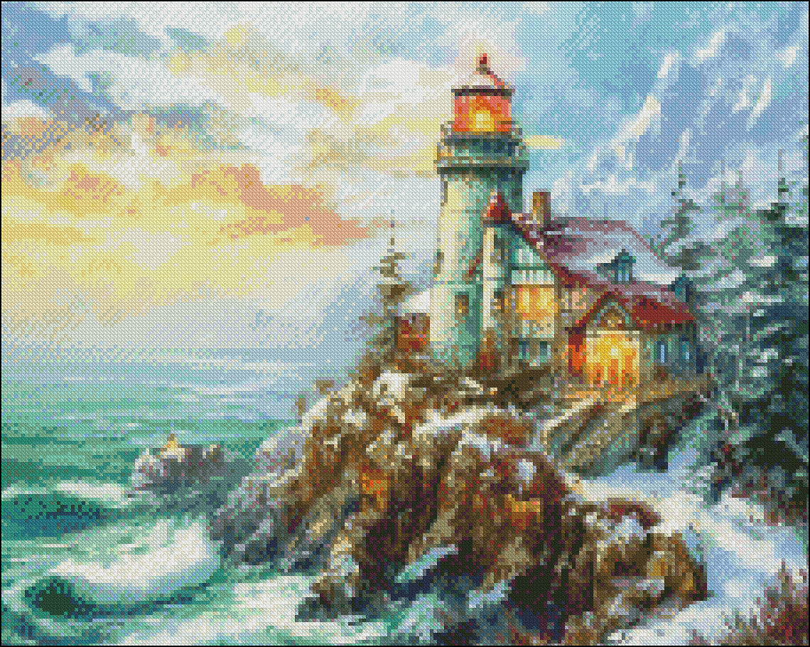 Christmas on a Lighthouse - Counted Cross Stitch Patterns Embroidery Crafts Needlework DIY Chart DMC Color