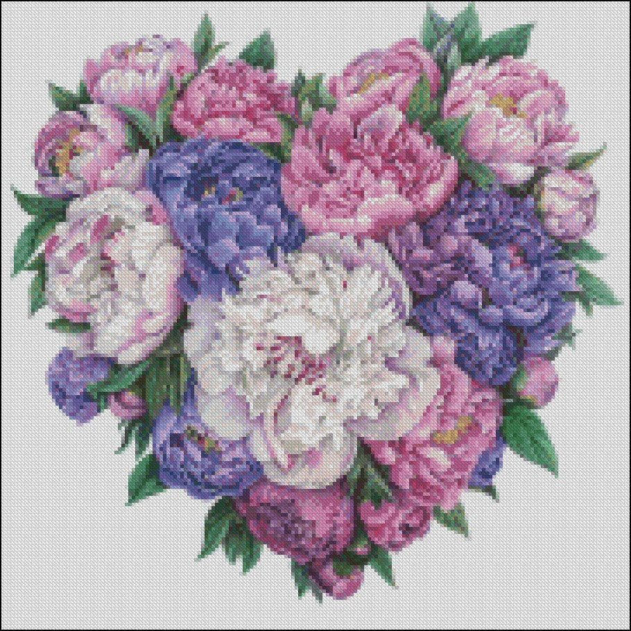 Peony Heart Delight - Counted Cross Stitch Patterns Embroidery Crafts Needlework DIY Chart DMC Color