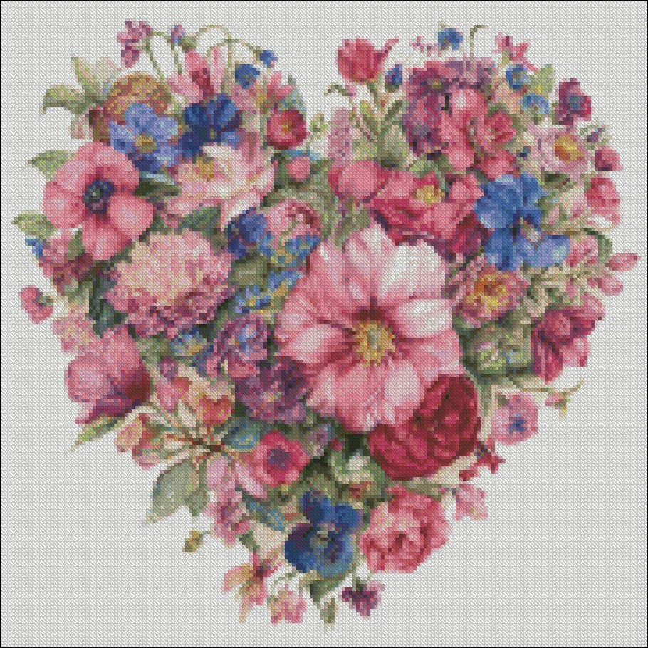 Heart Shaped Flowers - Counted Cross Stitch Patterns Embroidery Crafts Needlework DIY Chart DMC Color