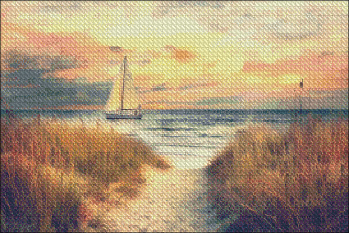 Sunset Serenity by the Shore 2 - Counted Cross Stitch Patterns Embroidery Crafts Needlework DIY Chart DMC Color