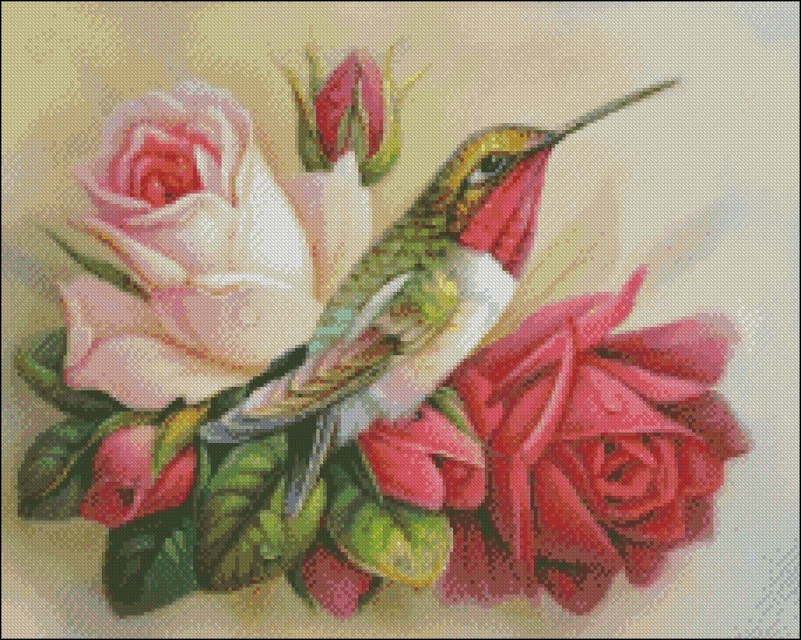 Hummingbirds in Roses - Counted Cross Stitch Patterns Embroidery Crafts Needlework DIY Chart DMC Color