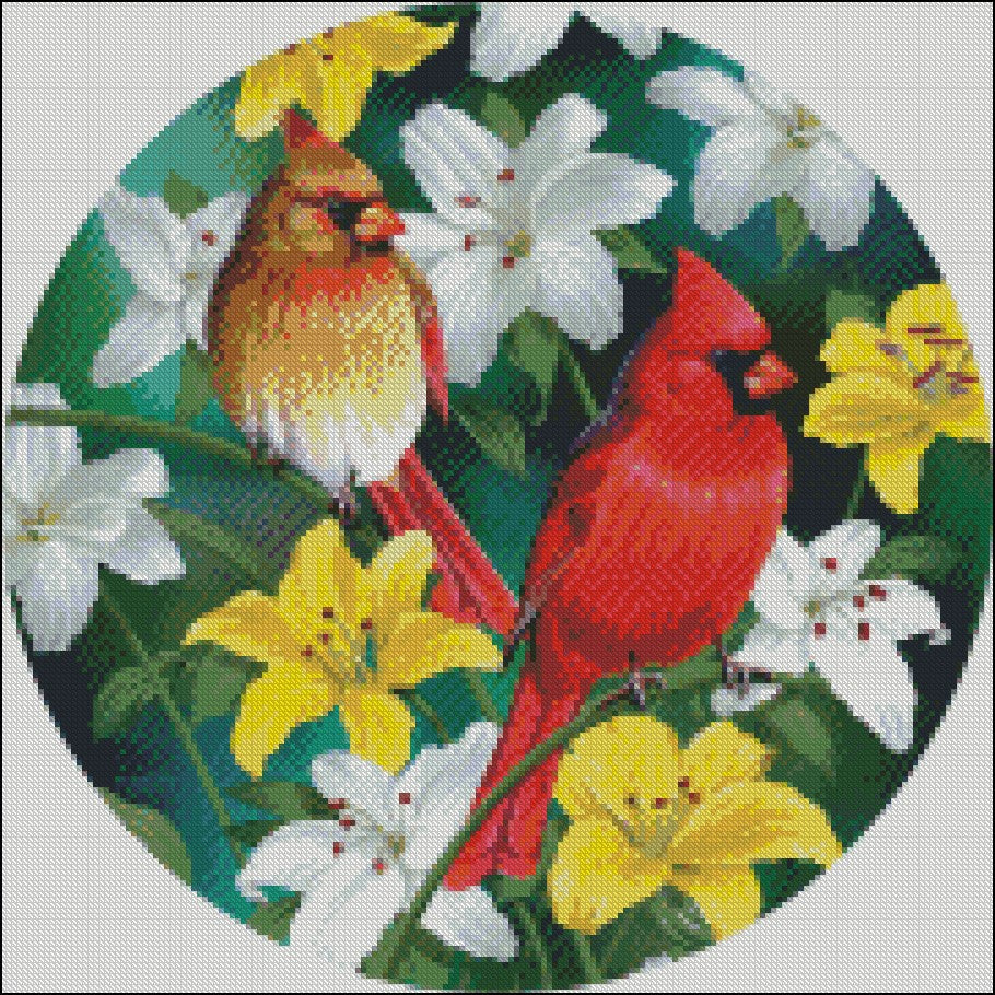 Cardinals in the Round - Counted Cross Stitch Patterns Embroidery Crafts Needlework DIY Chart DMC Color