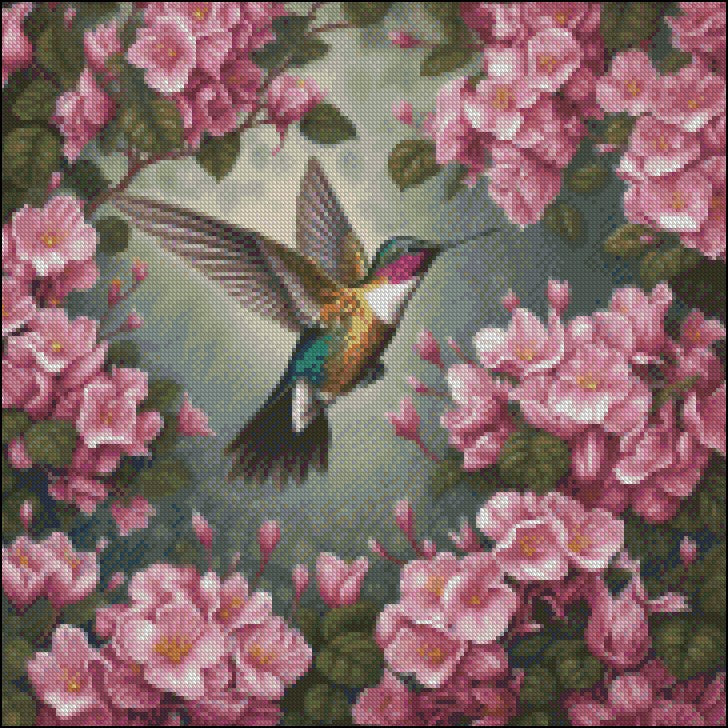 Hummingbird Flying over Flowers - Counted Cross Stitch Patterns Embroidery Crafts Needlework DIY Chart DMC Color