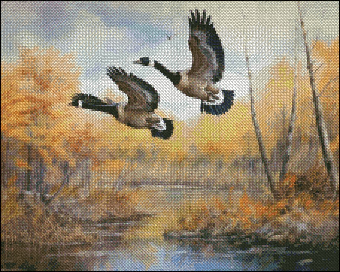 Geese Flying in Autumn - Counted Cross Stitch Patterns Embroidery Crafts Needlework DIY Chart DMC Color