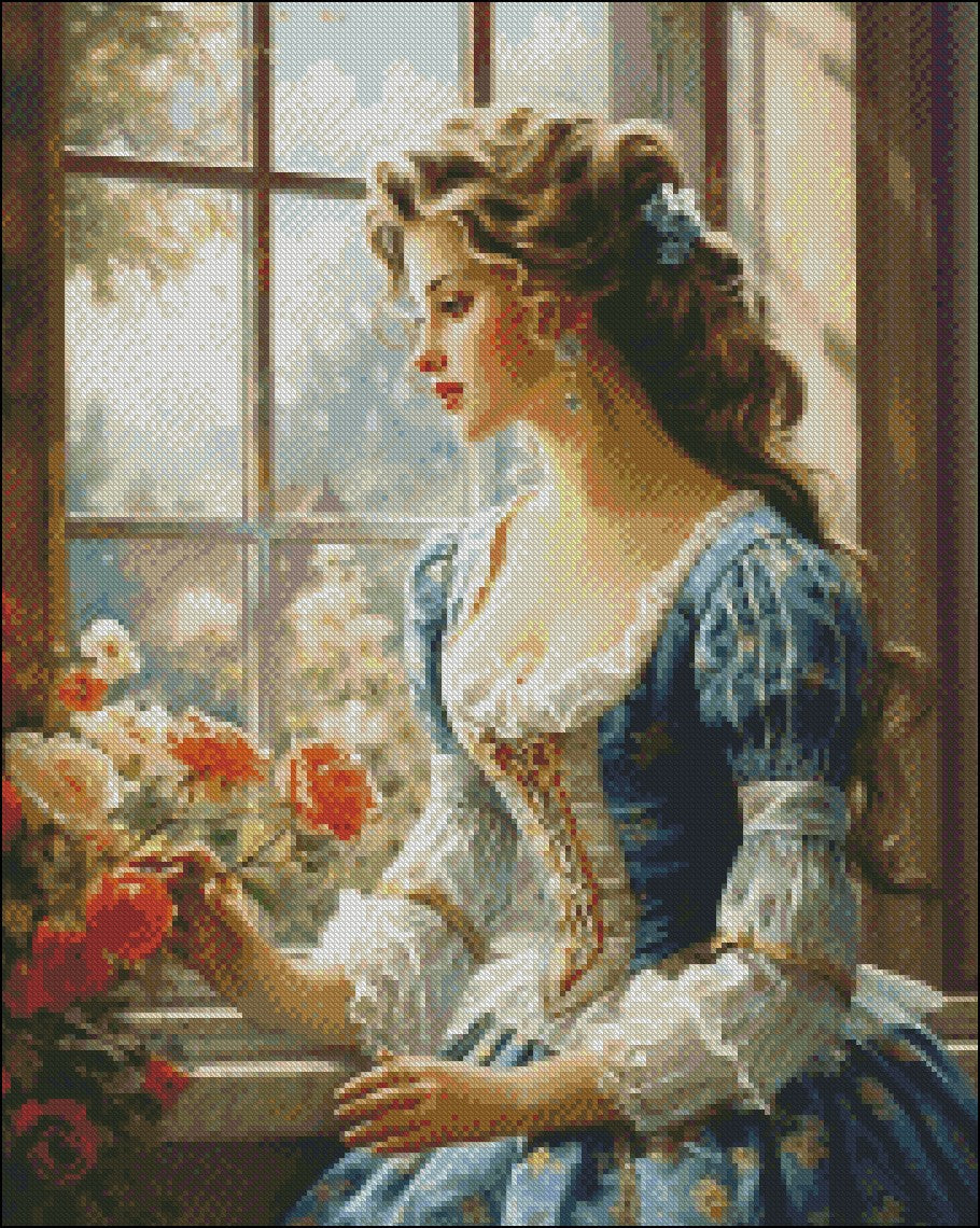 Lady by the window - Counted Cross Stitch Patterns Embroidery Crafts Needlework DIY Chart DMC Color