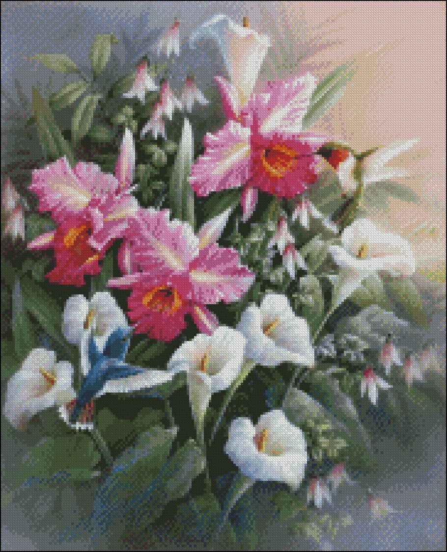 Hummingbirds with Lilies - Counted Cross Stitch Patterns Embroidery Crafts Needlework DIY Chart DMC Color