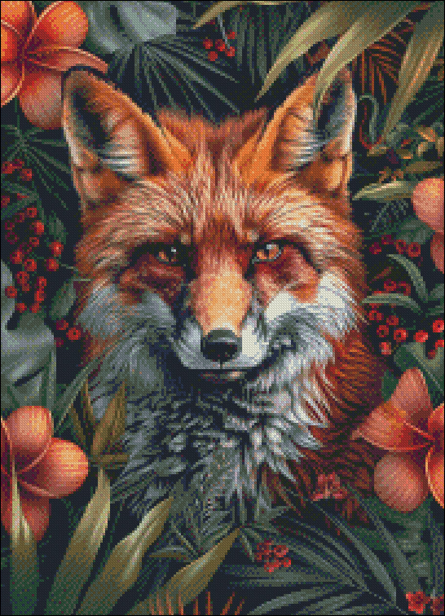 Red Fox Face Flowers - Counted Cross Stitch Patterns Embroidery Crafts Needlework DIY Chart DMC Color