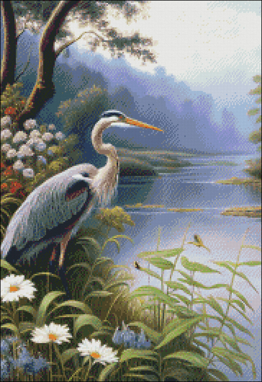 Great Blue Heron by the Water 2 - Counted Cross Stitch Patterns Embroidery Crafts Needlework DIY Chart DMC Color